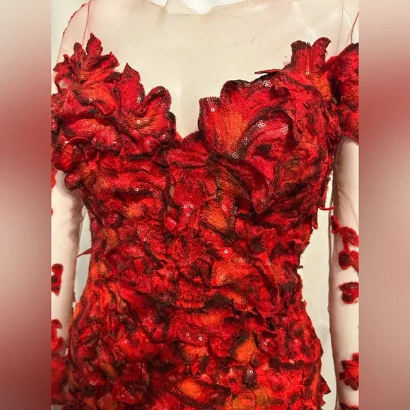 Red Floral Flowy Beaded Gown Sz S/XS Costume Cosplay Fantasy Whimsigoth Elegant - Picture 2 of 16